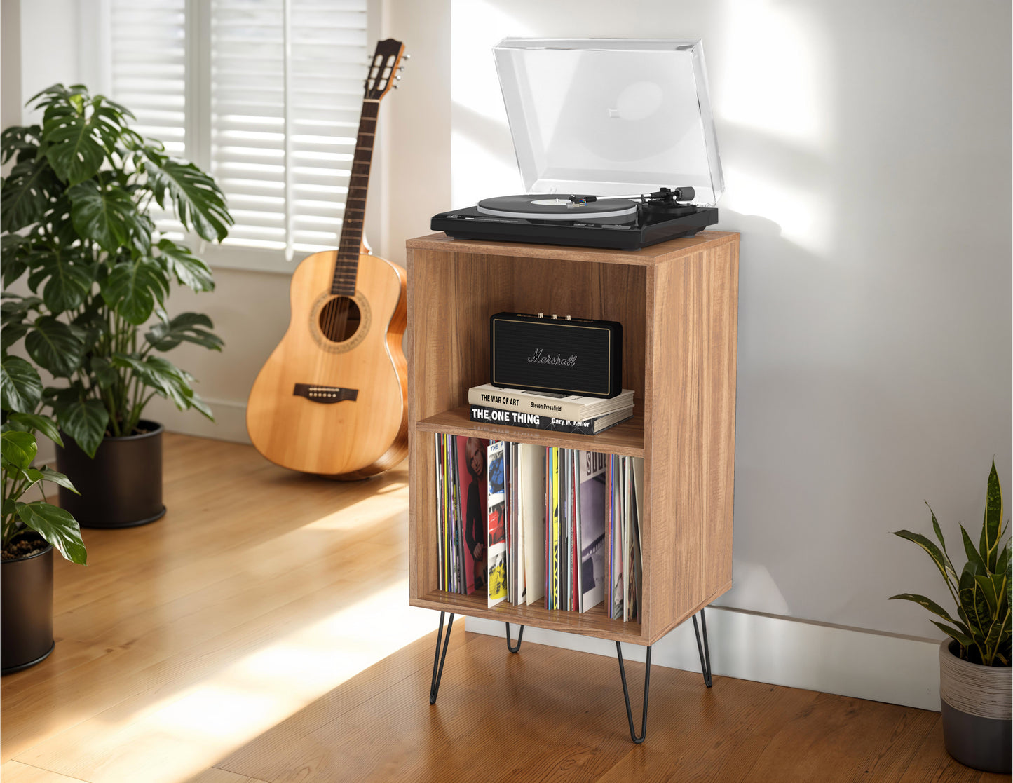 Brown Open Shelved Turntable Stand