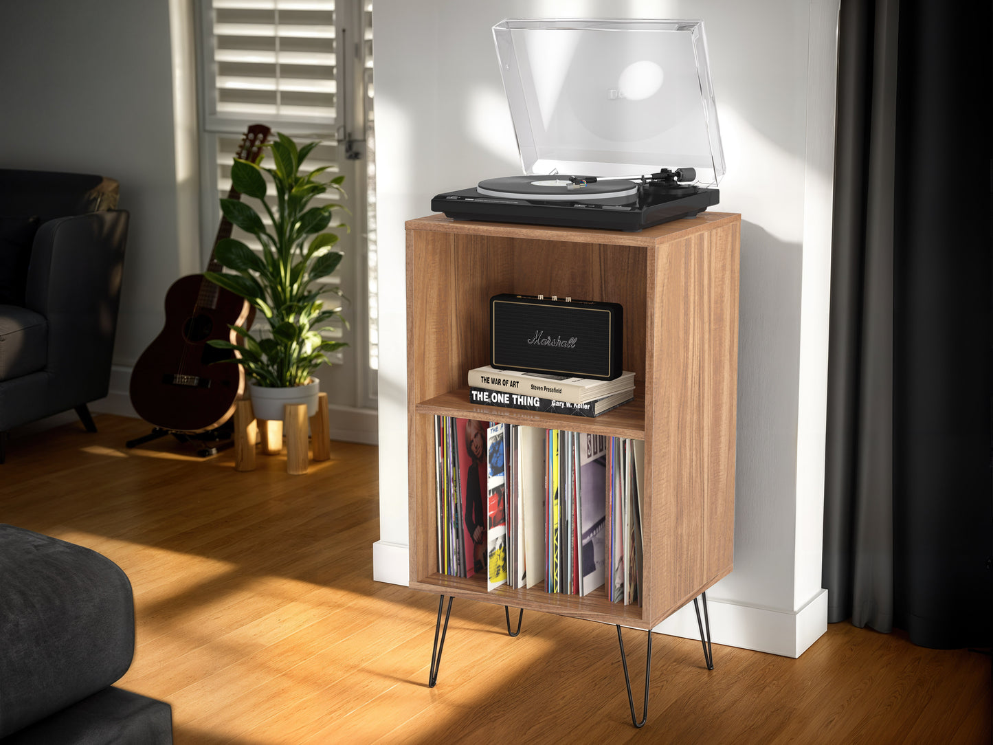 Brown Open Shelved Turntable Stand