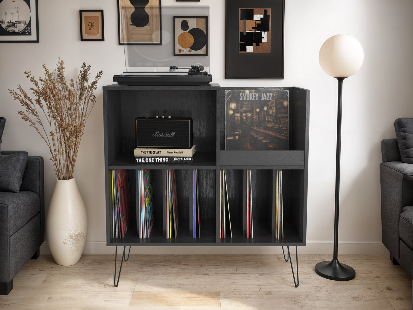 Black Large Open Shelved Turntable Stand