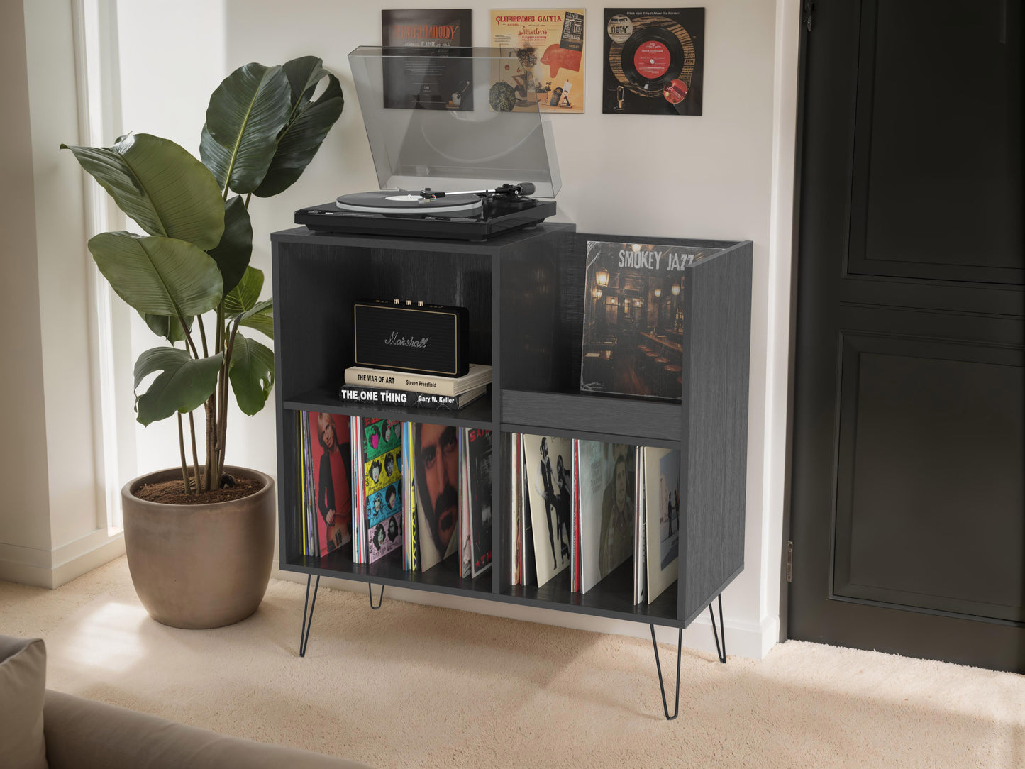 Black Large Open Shelved Turntable Stand