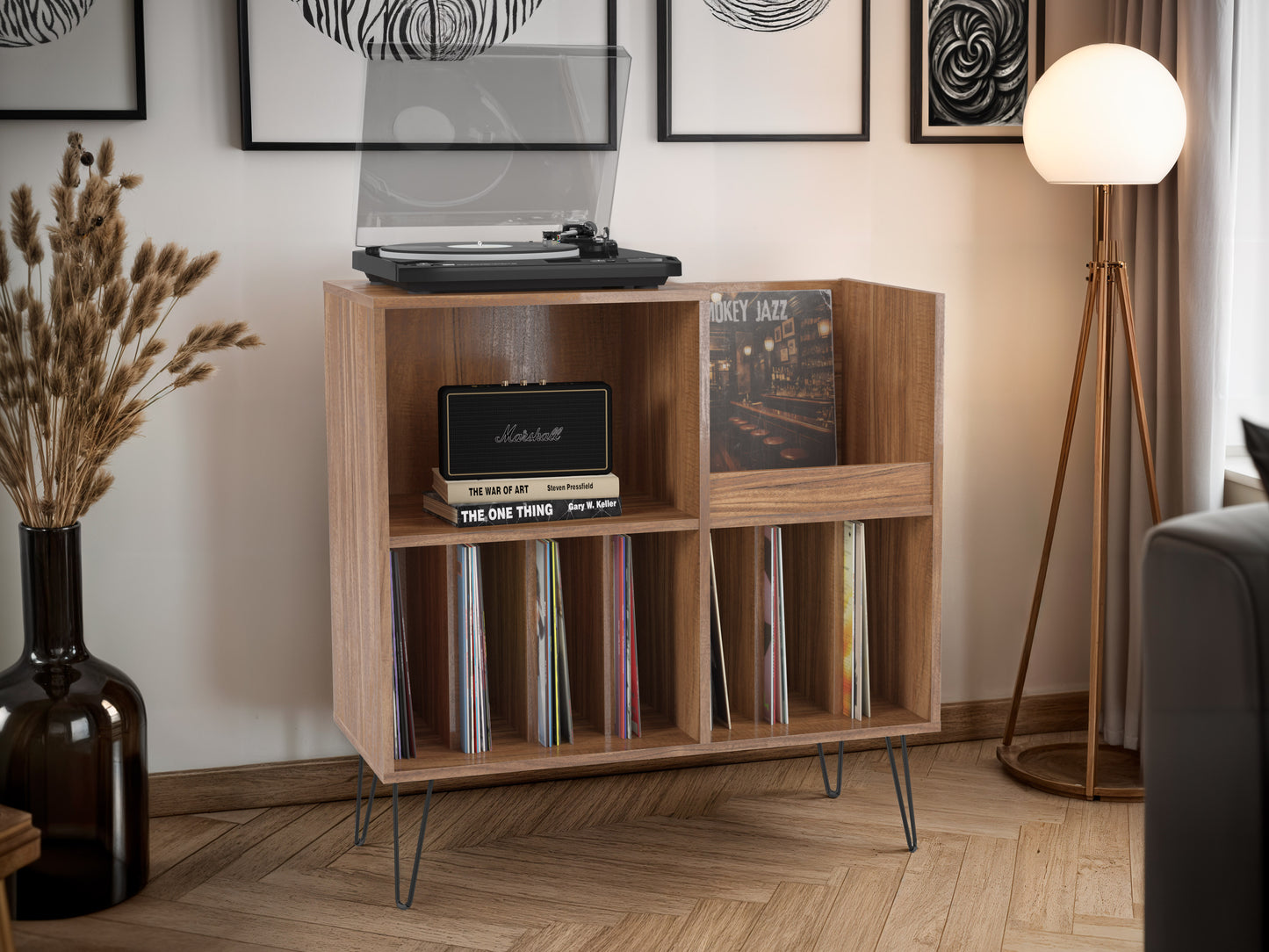 Brown Large Open Shelved Turntable Stand