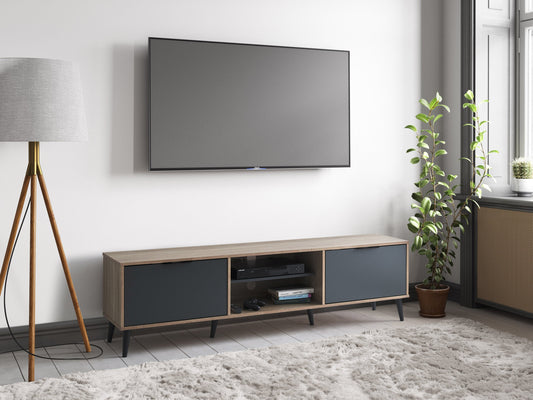 Light wood and grey TV stand with open and closed storage, fits TVs up to 85 inches, featuring a sleek design, multiple shelves, and cabinet doors for organized media equipment storage.