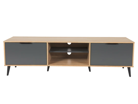 Light wood and grey TV stand with open and closed storage, fits TVs up to 85 inches, featuring a sleek design, multiple shelves, and cabinet doors for organized media equipment storage.