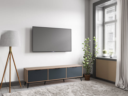 Light wood and grey TV stand with cabinet storage, fits TVs up to 85 inches, featuring sleek design, smooth textures, and ample storage space for media accessories.
