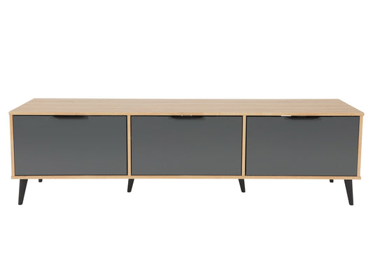 Light wood and grey TV stand with cabinet storage, fits TVs up to 85 inches, featuring sleek design, smooth textures, and ample storage space for media accessories.