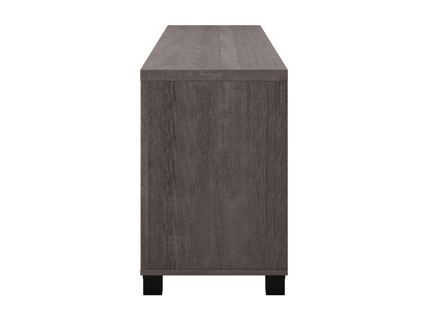 Brown wooden TV stand with doors, suitable for TVs up to 85 inches. Features a sleek design with ample storage space, including two cabinets and open shelving, perfect for living room organization.