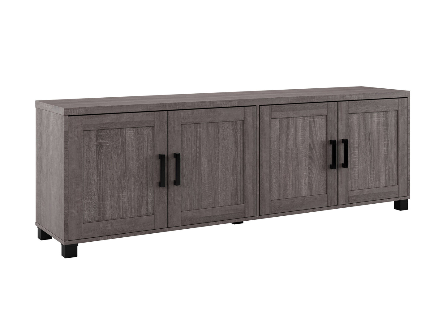 Brown wooden TV stand with doors, suitable for TVs up to 85 inches. Features a sleek design with ample storage space, including two cabinets and open shelving, perfect for living room organization.
