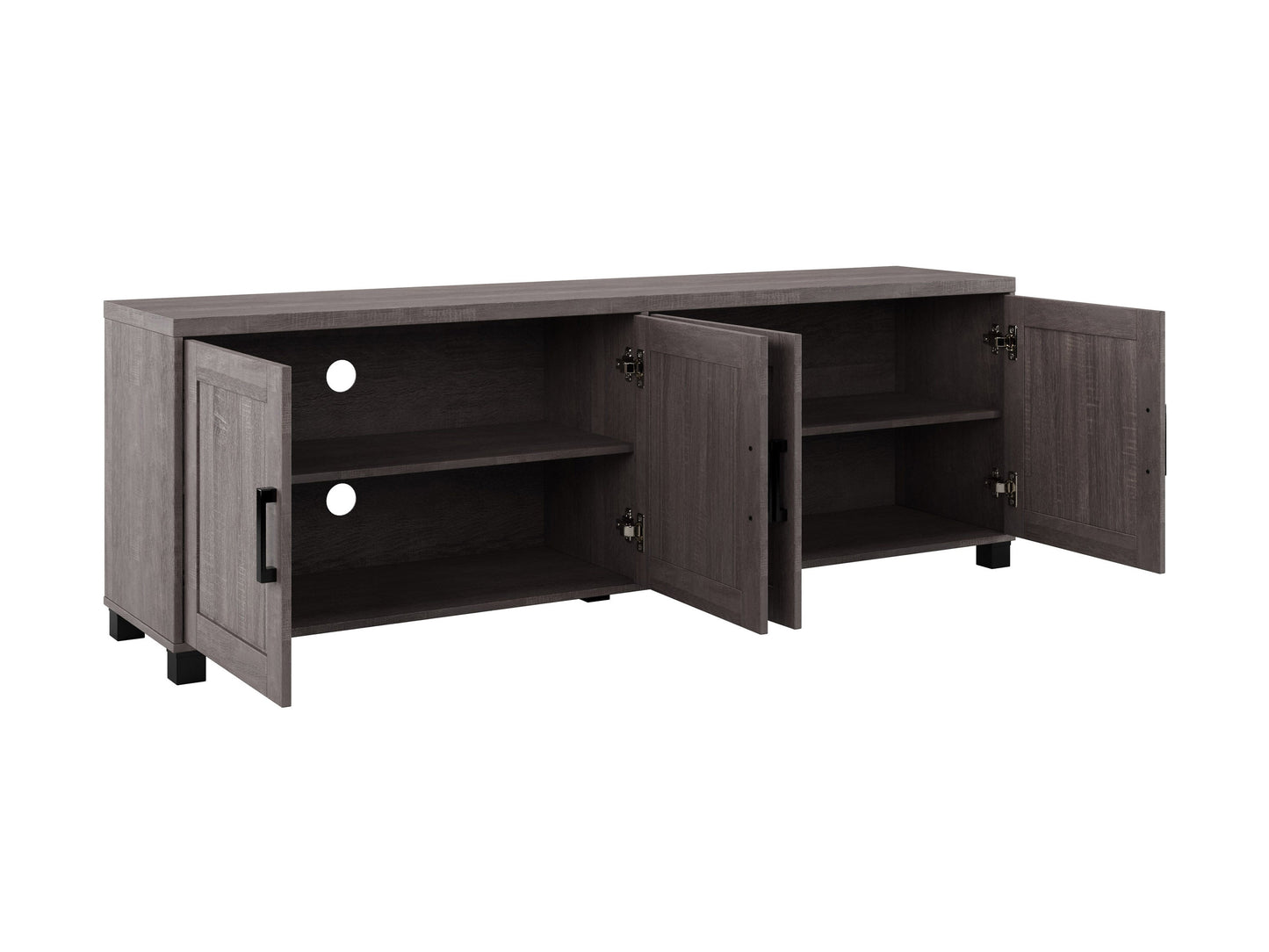 Brown wooden TV stand with doors, suitable for TVs up to 85 inches. Features a sleek design with ample storage space, including two cabinets and open shelving, perfect for living room organization.