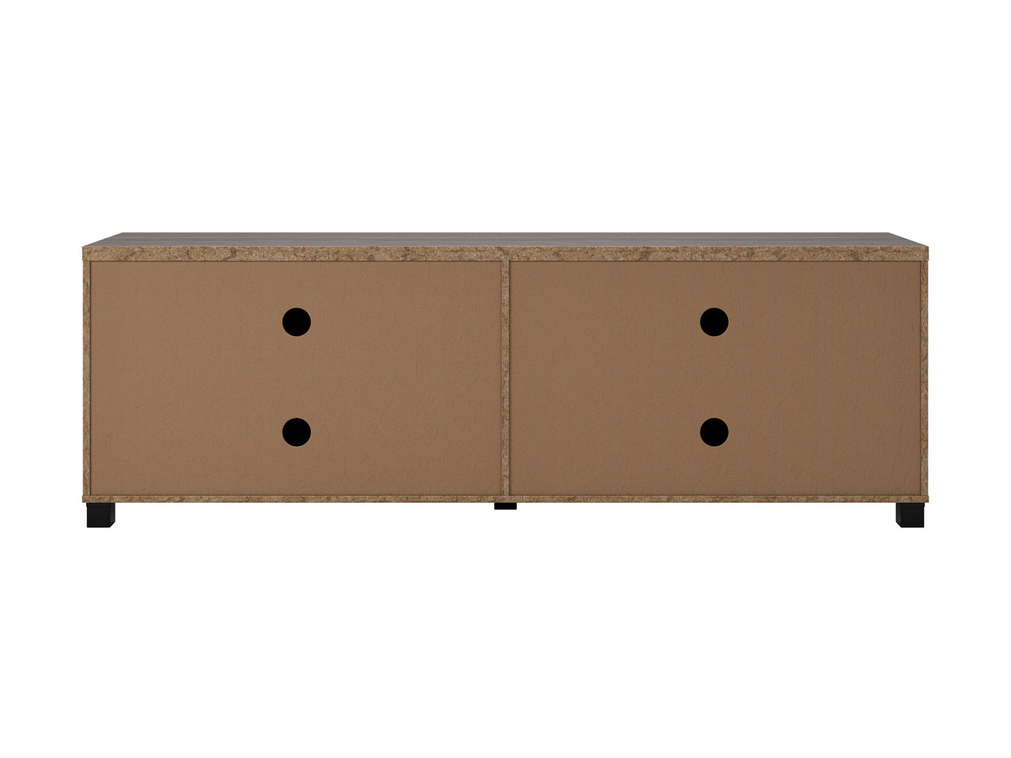 Brown wooden TV stand with doors, suitable for TVs up to 85 inches. Features a sleek design with ample storage space, including two cabinets and open shelving, perfect for living room organization.