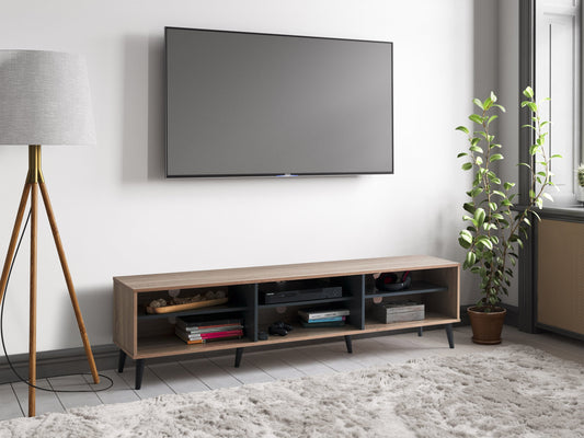 Light wood and grey TV stand with open shelves, suitable for TVs up to 85 inches. Modern design with ample storage space for media devices and accessories. Durable materials and sleek finish.
