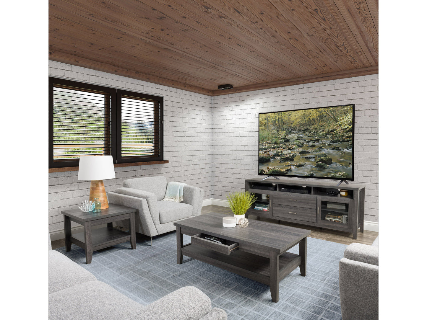 Grey wood TV stand with sleek design, accommodating TVs up to 85 inches, featuring two open shelves, two cabinets with glass doors, and a sturdy top surface, ideal for modern living rooms.