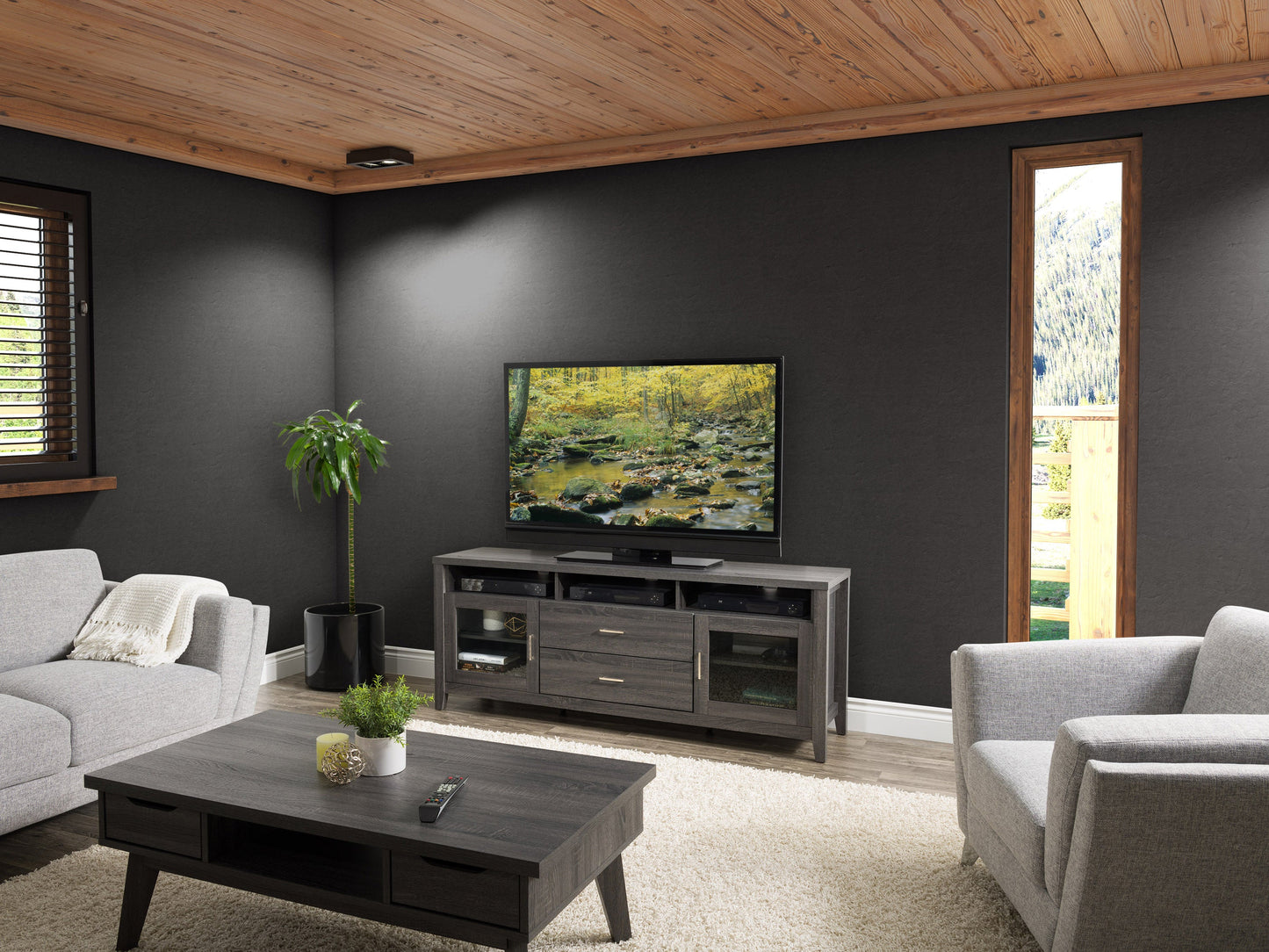 Grey wood TV stand for TVs up to 85 inches, featuring sleek design, two spacious cabinets with mesh doors, and open shelving for media storage, blending modern and rustic styles for living room decor.