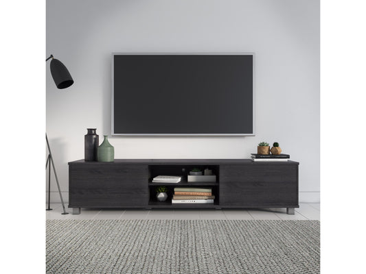 Dark grey modern TV stand for TVs up to 85 inches, featuring sleek lines, ample storage with open shelves and cabinets, made of high-quality wood and metal accents, perfect for contemporary living rooms.