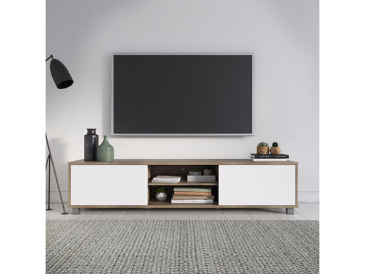 Brown and white modern TV stand with sleek design, accommodates TVs up to 85 inches, features open shelving, and minimalist metal legs.