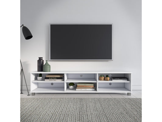 White modern TV stand for TVs up to 85 inches, featuring sleek design, clean lines, and spacious storage shelves. Made of durable materials with a glossy finish, perfect for contemporary living rooms.