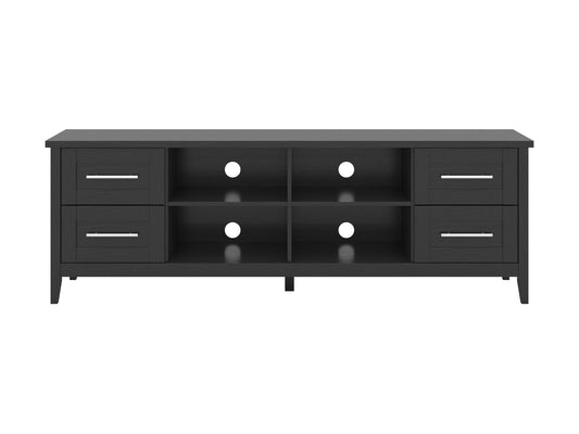 Wide wooden TV stand with a dark walnut finish, featuring sleek metal legs, open shelving, and two storage cabinets, suitable for TVs up to 85 inches. Ideal for modern living rooms.