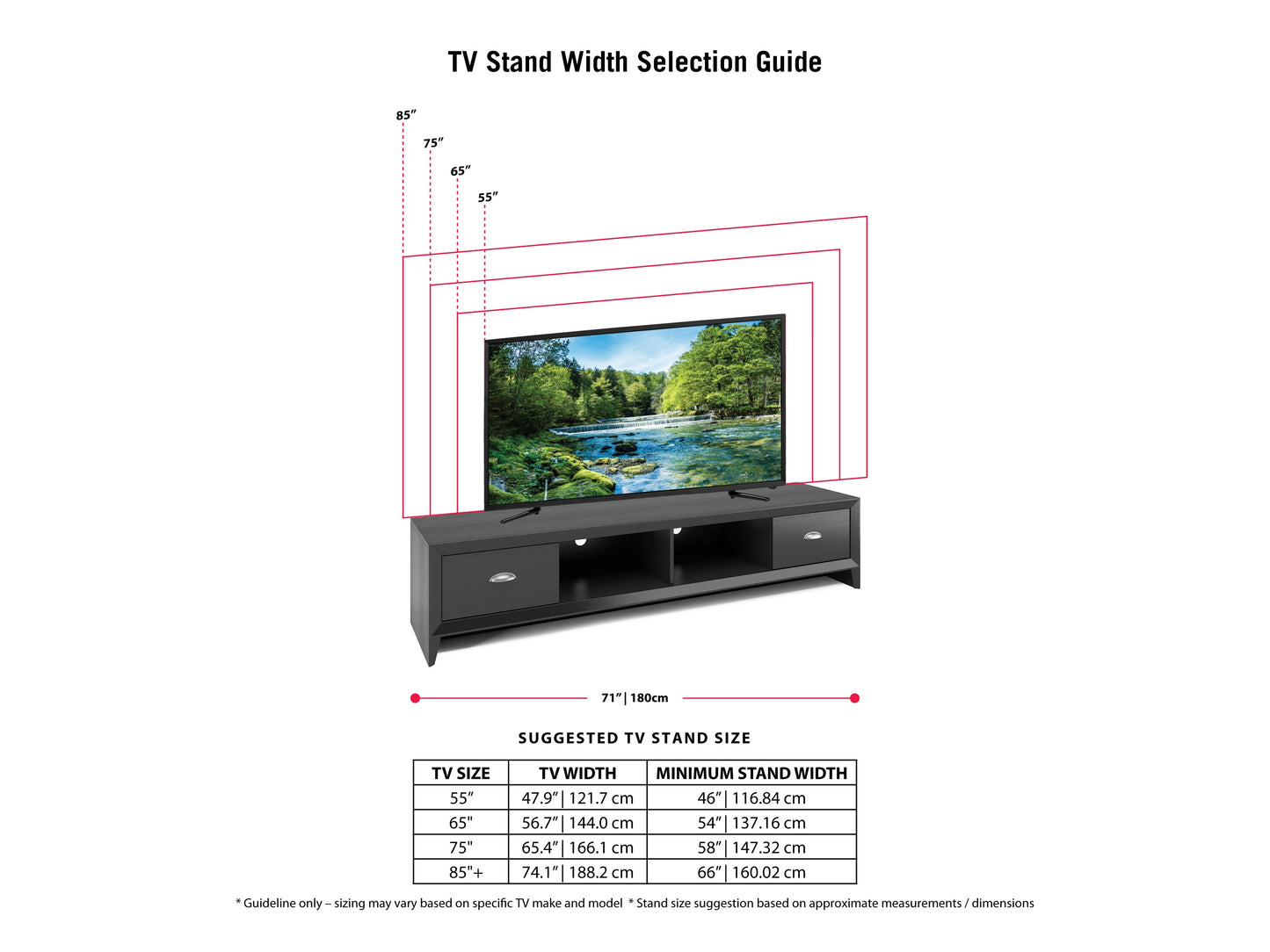 Black TV stand for TVs up to 85 inches, featuring sleek black finish, sturdy metal frame, tempered glass shelves, and cable management system. Ideal for modern living rooms and home theaters.