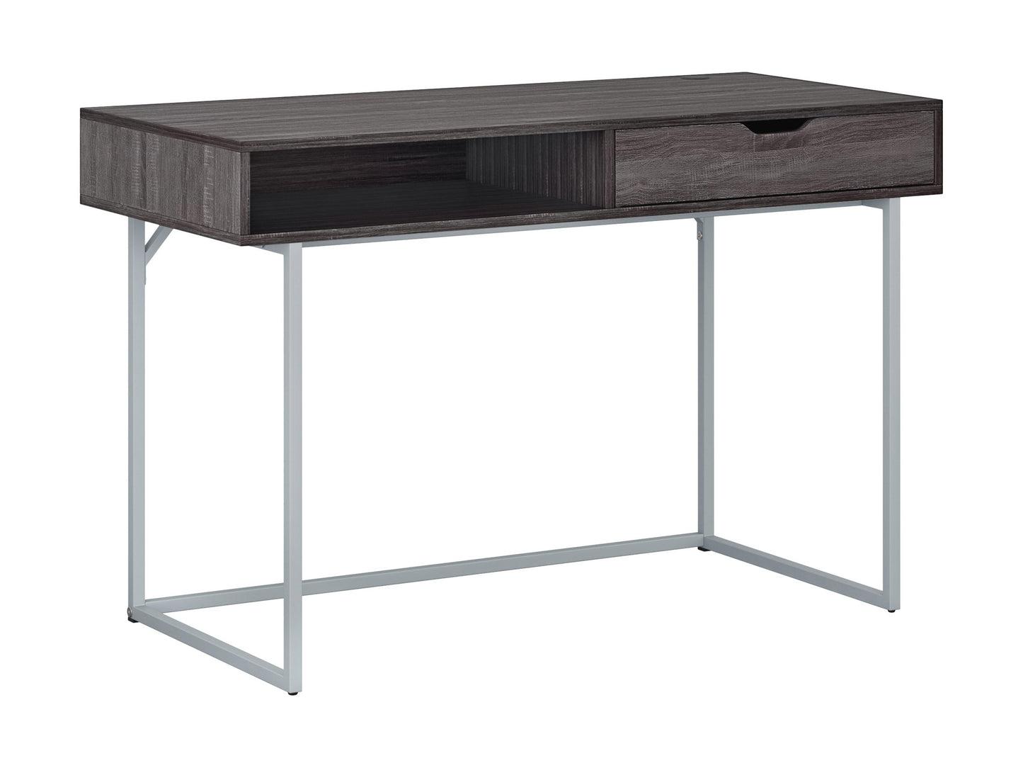 Sleek modern computer desk in grey with a smooth laminate surface, sturdy metal frame, and built-in cable management, ideal for home offices or workspaces.