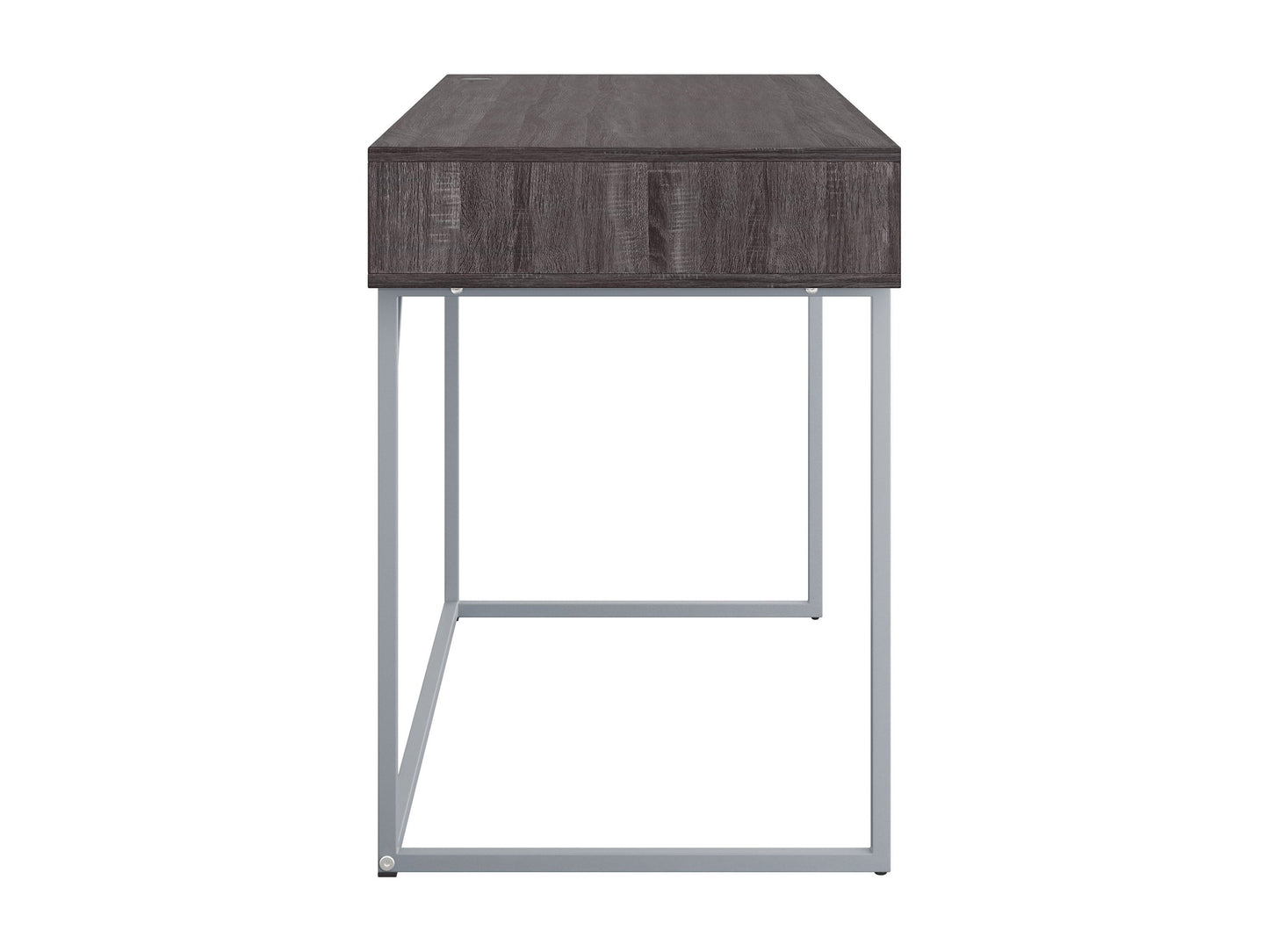 Sleek modern computer desk in grey with a smooth laminate surface, sturdy metal frame, and built-in cable management, ideal for home offices or workspaces.