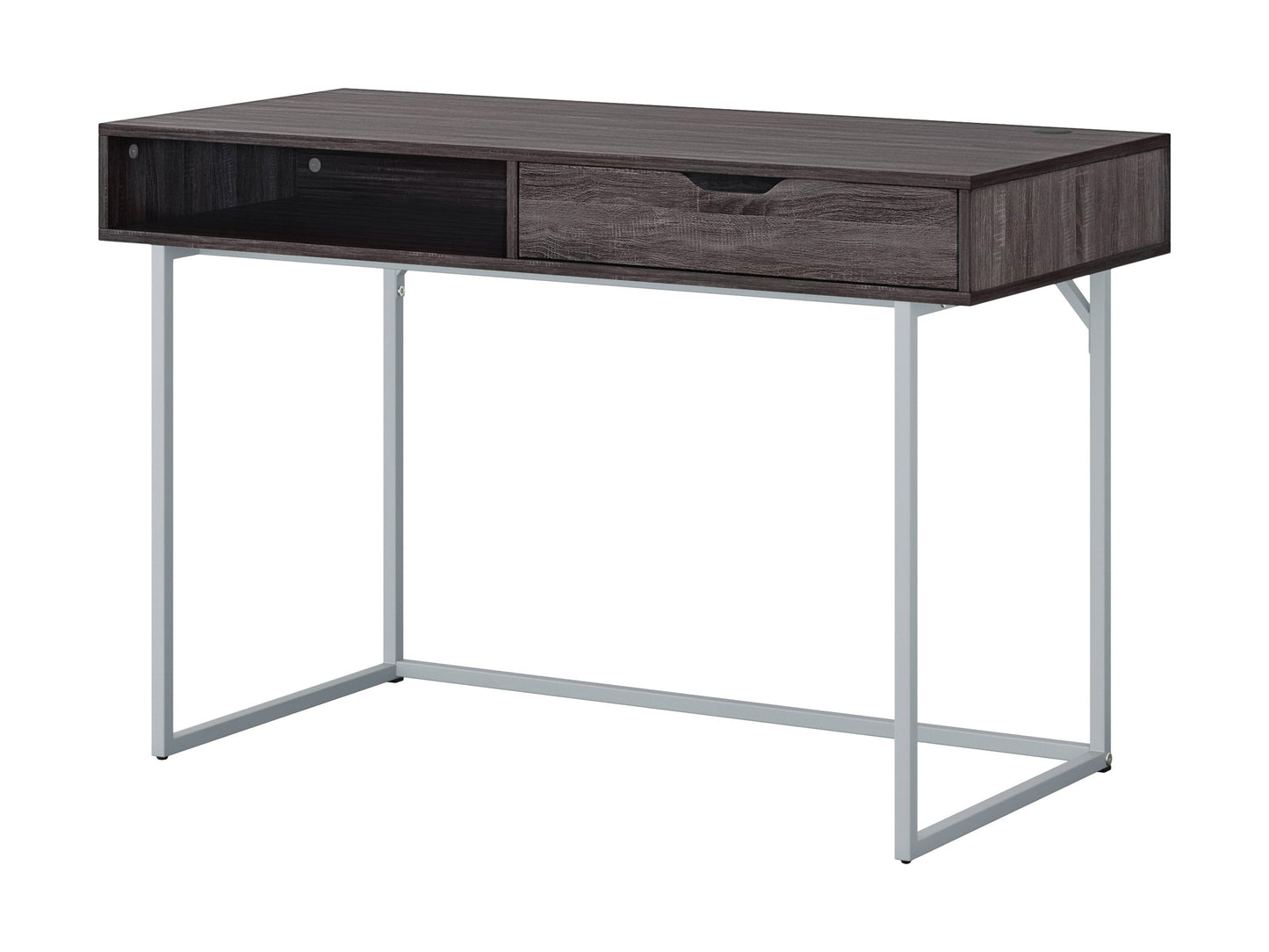 Sleek modern computer desk in grey with a smooth laminate surface, sturdy metal frame, and built-in cable management, ideal for home offices or workspaces.