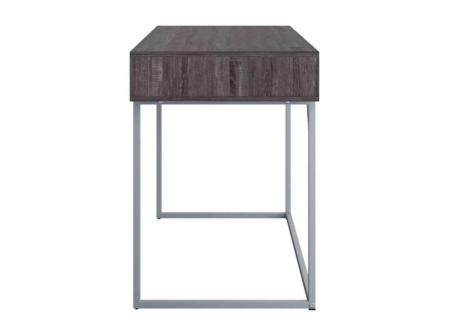 Sleek modern computer desk in grey with a smooth laminate surface, sturdy metal frame, and built-in cable management, ideal for home offices or workspaces.
