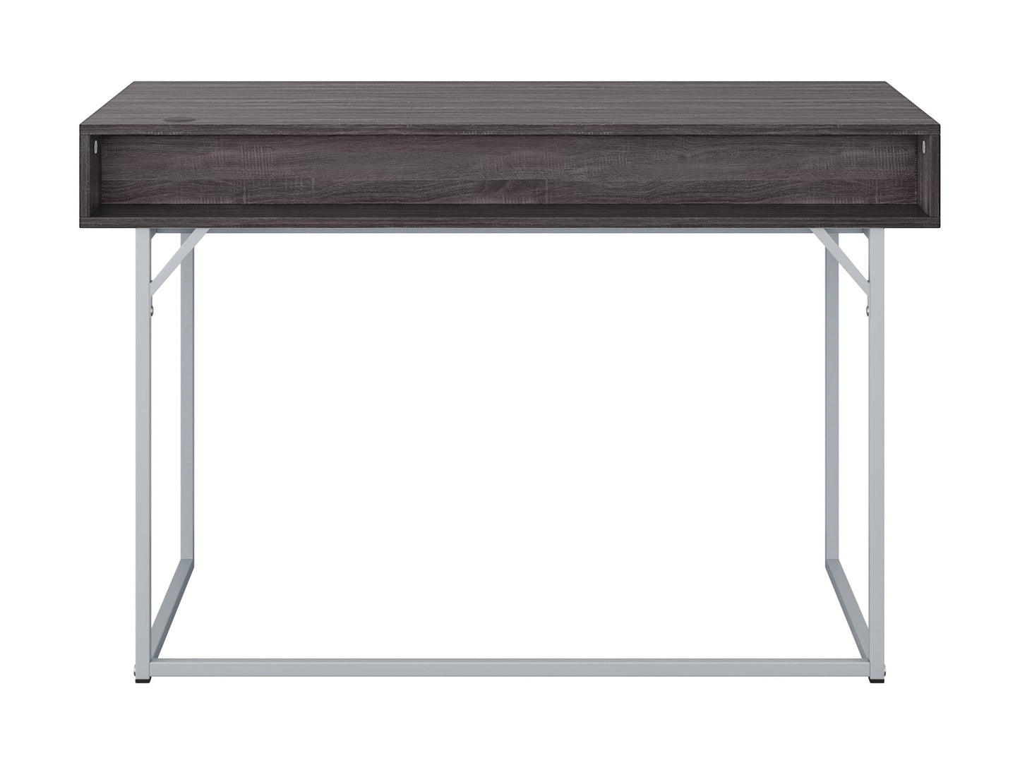 Sleek modern computer desk in grey with a smooth laminate surface, sturdy metal frame, and built-in cable management, ideal for home offices or workspaces.