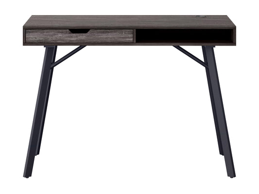 Natural wood desk with a sleek grey finish, featuring a minimalist design, sturdy legs, and a smooth, spacious surface ideal for home office or study.