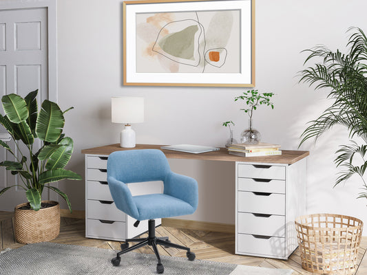 Light blue task chair with open back, ergonomic design, adjustable height, and cushioned seat, featuring a breathable mesh backrest and sleek metal base. Ideal for modern home offices and workspaces.