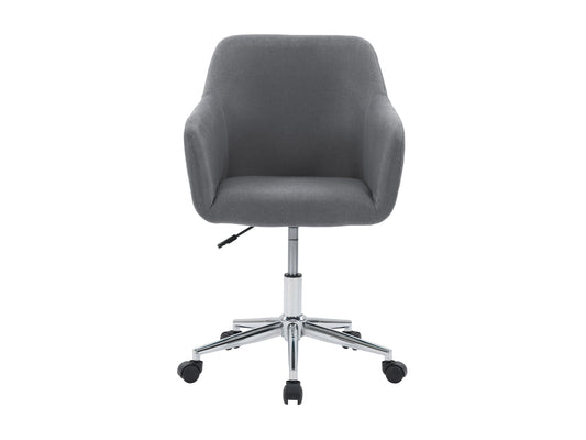 Grey office task chair with arms, ergonomic design, mesh backrest, padded seat, adjustable height, and swivel base. Ideal for home office or workspace, providing comfort and support during long working hours.