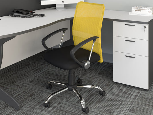 Yellow fabric office chair with ergonomic design, adjustable height, cushioned seat, and lumbar support. Ideal for home office or workspace.