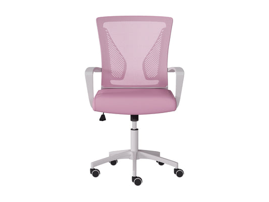 Pink and white mesh task chair with ergonomic design, adjustable height, cushioned seat, and breathable mesh backrest. Ideal for home office or workspace.