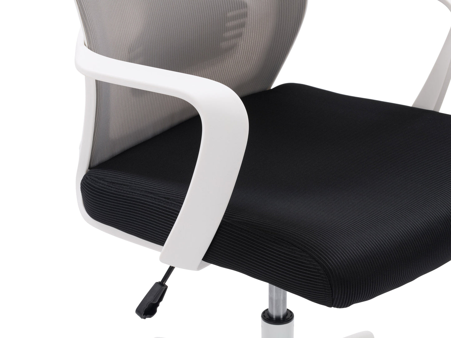 Grey and black high back office chair with ergonomic design, mesh backrest, cushioned seat, adjustable armrests, and swivel base. Perfect for home office or workspace, offering comfort and support.