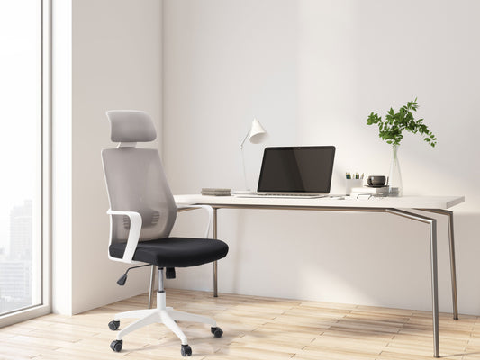 Grey and black high back office chair with ergonomic design, mesh backrest, cushioned seat, adjustable armrests, and swivel base. Perfect for home office or workspace, offering comfort and support.