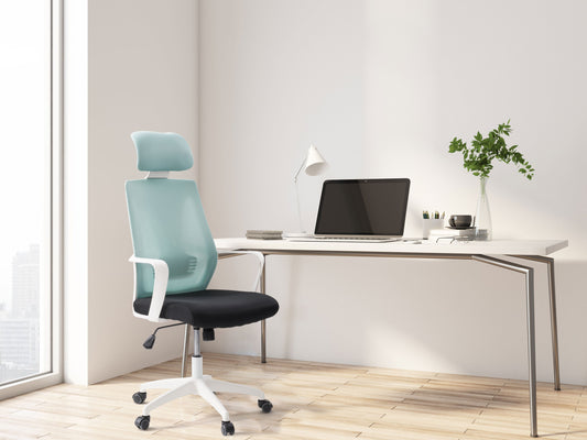 Teal and black high back office chair with ergonomic design, mesh backrest, padded seat, adjustable armrests, lumbar support, and swivel base, perfect for home or office use.