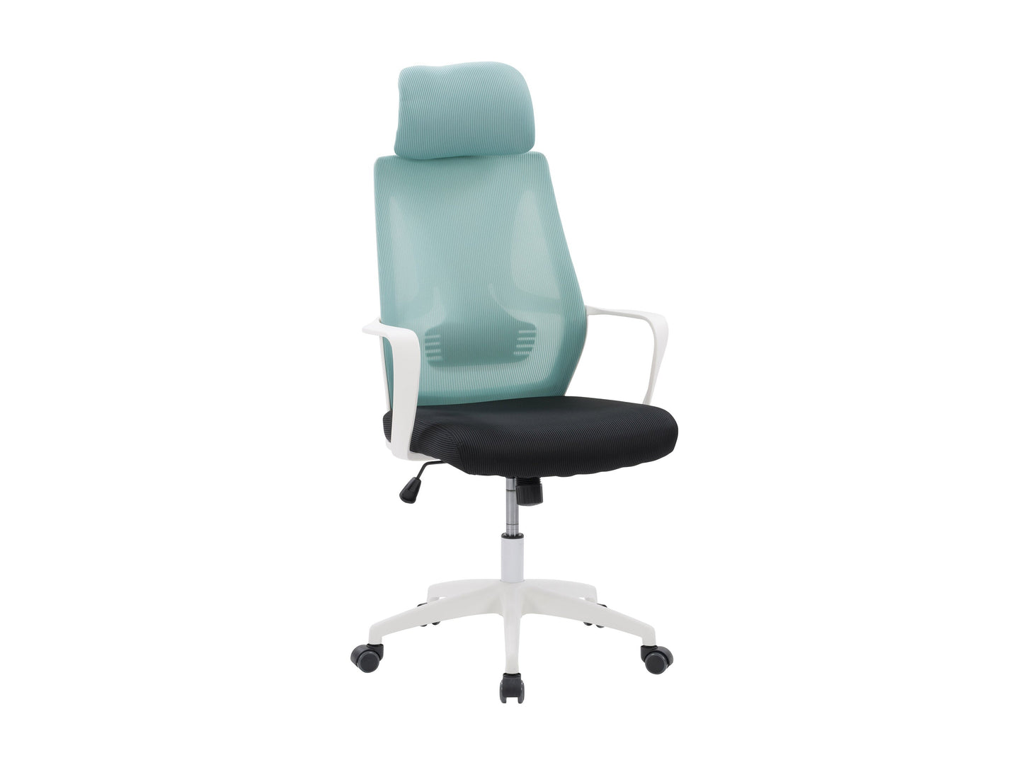 Teal and black high back office chair with ergonomic design, mesh backrest, padded seat, adjustable armrests, lumbar support, and swivel base, perfect for home or office use.