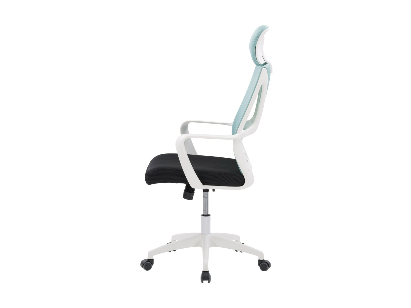 Teal and black high back office chair with ergonomic design, mesh backrest, padded seat, adjustable armrests, lumbar support, and swivel base, perfect for home or office use.