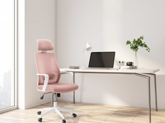 Pink high back office chair with ergonomic design, featuring a plush cushioned seat, adjustable armrests, and a breathable mesh backrest. Ideal for home offices or workspaces seeking comfort and style.