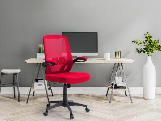 Red mesh office chair with ergonomic design, adjustable armrests, and lumbar support. Features breathable mesh back, cushioned seat, and swivel base with caster wheels, ideal for home or office use.