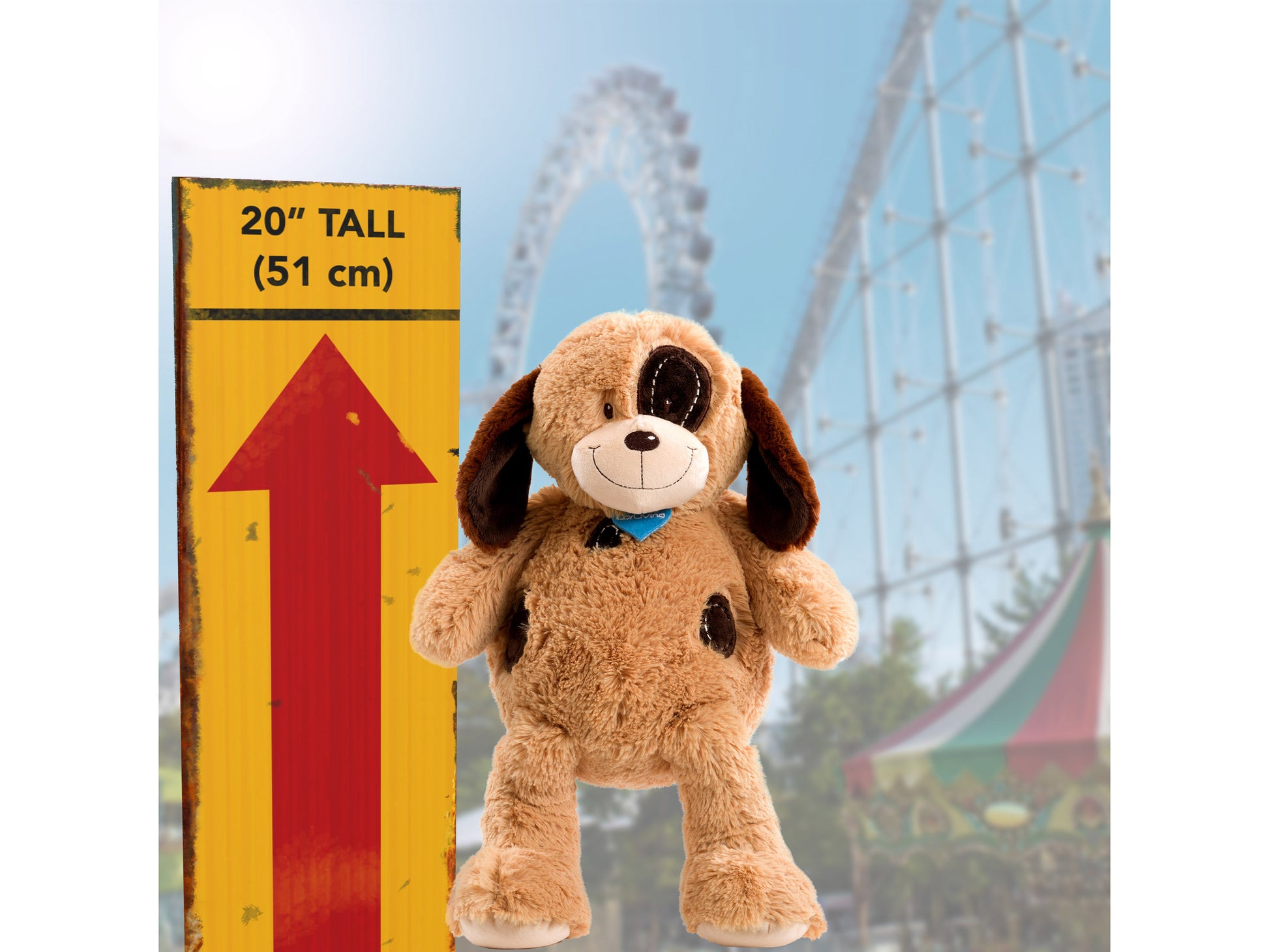 Plush dog toy with soft beige fur, floppy ears, and a friendly embroidered face, wearing a blue bandana. Perfect for children and collectors.