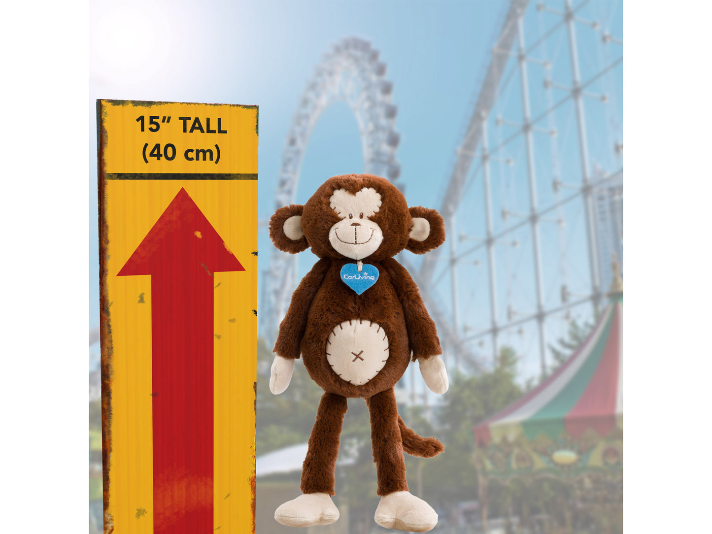 Brown plush monkey with soft fur, wearing a red ribbon, and featuring embroidered eyes and a stitched smile. Perfect for children and collectors. Charity plush toy named Lucy.