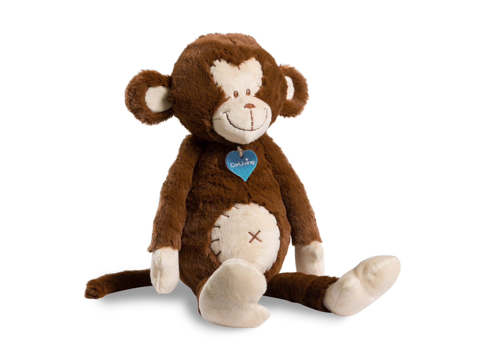 Brown plush monkey with soft fur, wearing a red ribbon, and featuring embroidered eyes and a stitched smile. Perfect for children and collectors. Charity plush toy named Lucy.