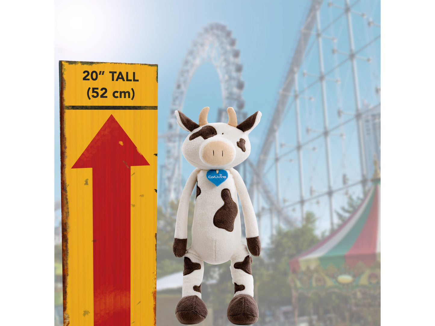 Monica the Plush Cow, soft white and black plush toy with cute embroidered eyes, pink nose, and small horns, made from eco-friendly materials. Perfect for kids, collectors, and charity supporters.