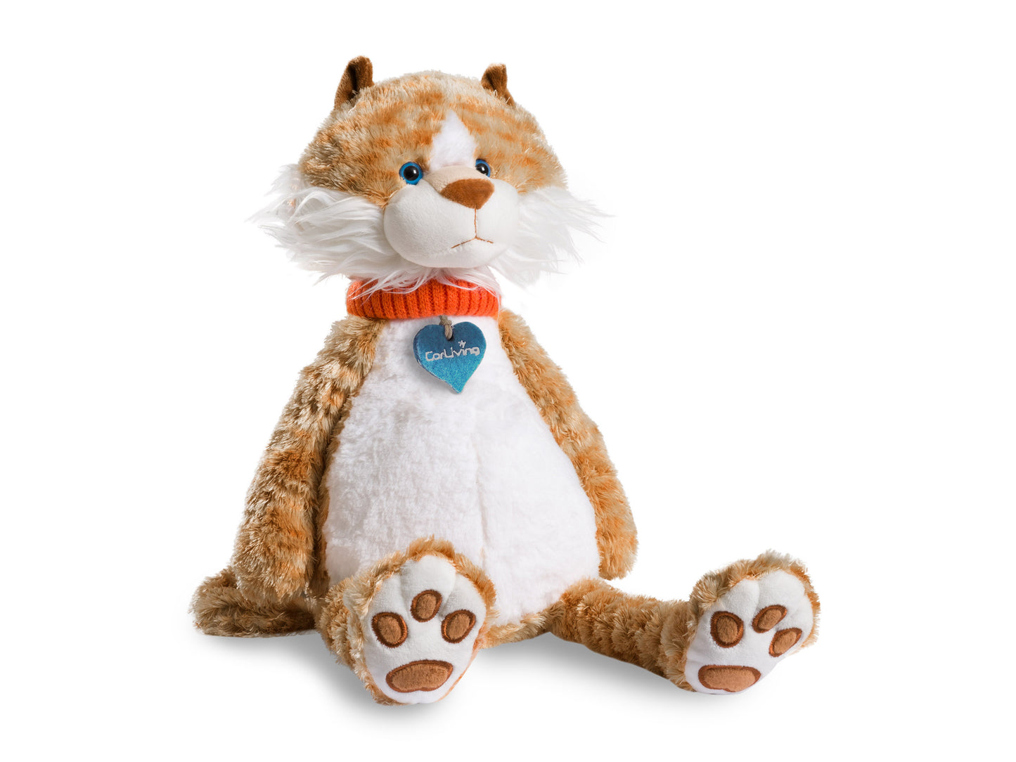 Soft, plush cat toy with grey fur, white paws, and a pink nose, featuring embroidered eyes, a smiling mouth, and a blue ribbon collar. Perfect for children and cat lovers, supports charity initiatives.