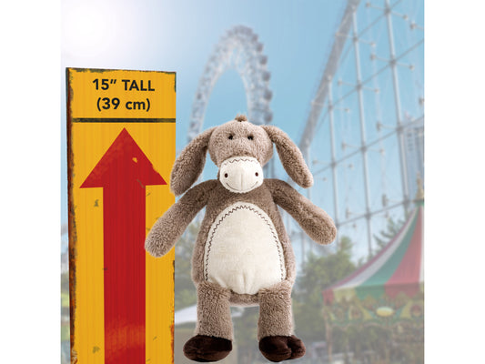 Gray plush donkey with soft, textured fur, large floppy ears, and a white muzzle. The donkey has embroidered eyes and a friendly expression, making it an ideal charity plush toy for children.