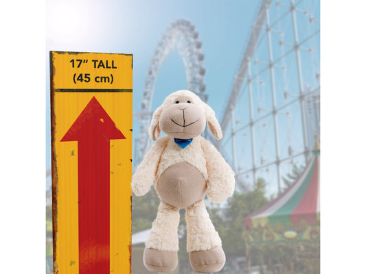 Alt Tag: Soft plush lamb toy with white wool texture and beige face, featuring embroidered eyes and nose. Douglas the Plush Lamb, perfect for children's charity gifts.