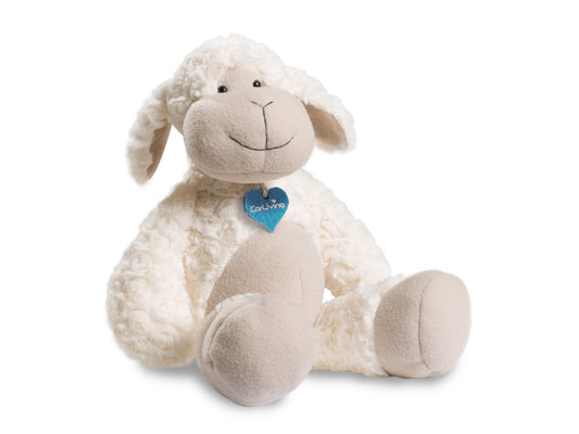Alt Tag: Soft plush lamb toy with white wool texture and beige face, featuring embroidered eyes and nose. Douglas the Plush Lamb, perfect for children's charity gifts.