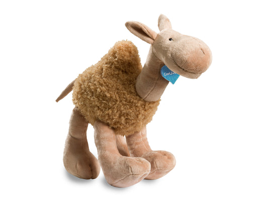 Plush camel toy with soft beige fur, embroidered eyes, and a friendly smile, sitting upright. Naomi the Plush Camel is perfect for children and supports charity initiatives.