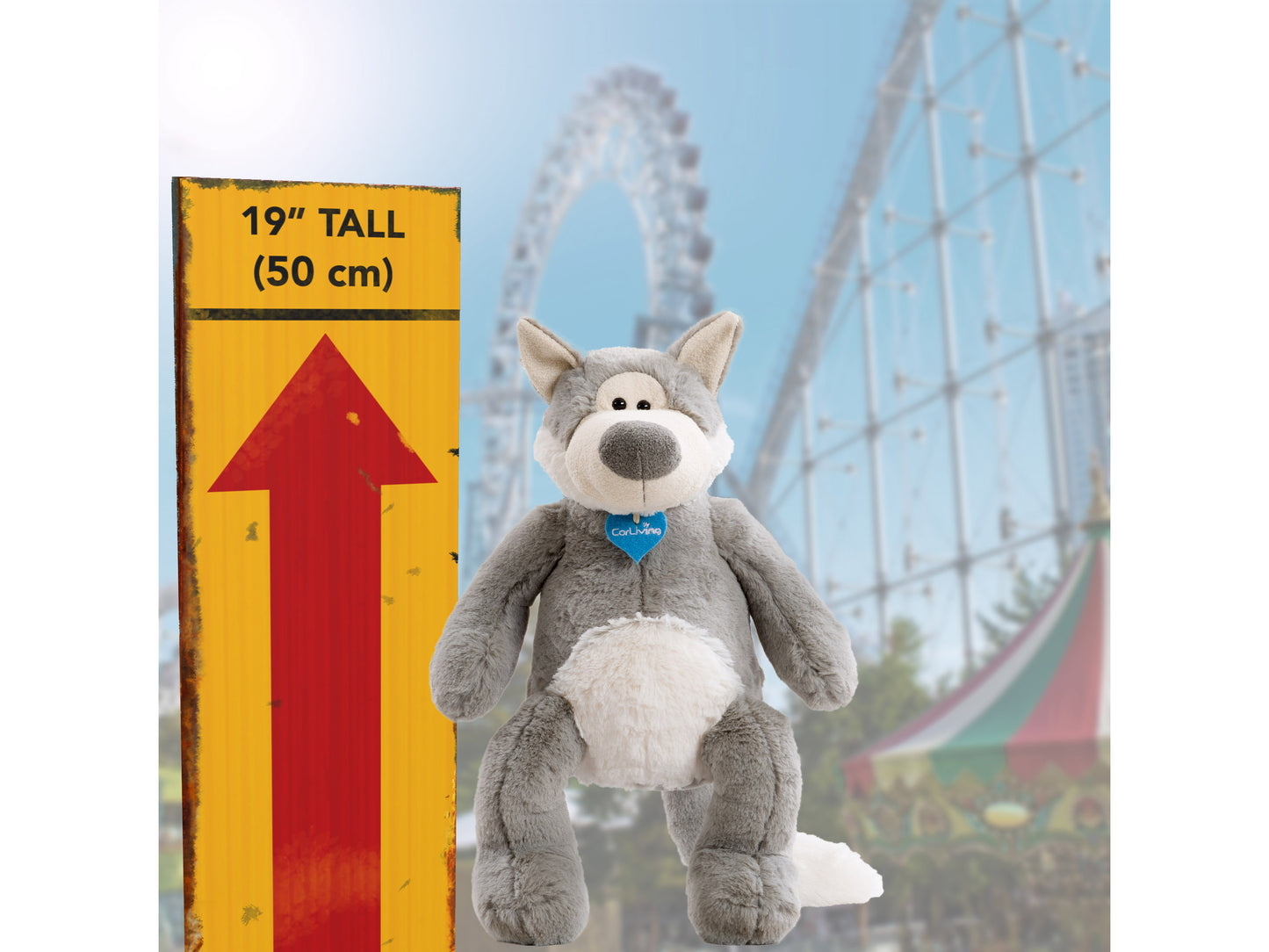 Samuel the Plush Wolf with soft grey fur, white underbelly, and black nose, featuring detailed stitching and child-safe materials. Perfect for cuddling and supporting charity initiatives.