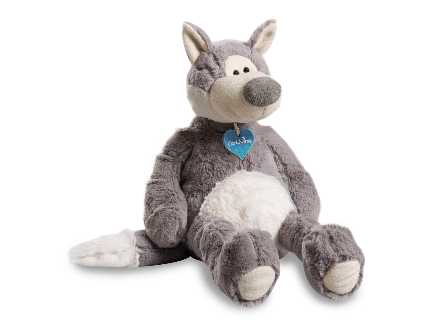Samuel the Plush Wolf with soft grey fur, white underbelly, and black nose, featuring detailed stitching and child-safe materials. Perfect for cuddling and supporting charity initiatives.