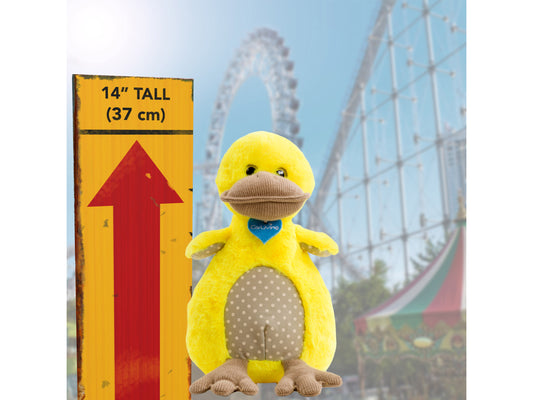 Soft, yellow Stewart the Plush Duck with orange beak and feet, made of fuzzy fabric. Features include embroidered eyes and a small, friendly smile. Ideal for kids and charity gifts.